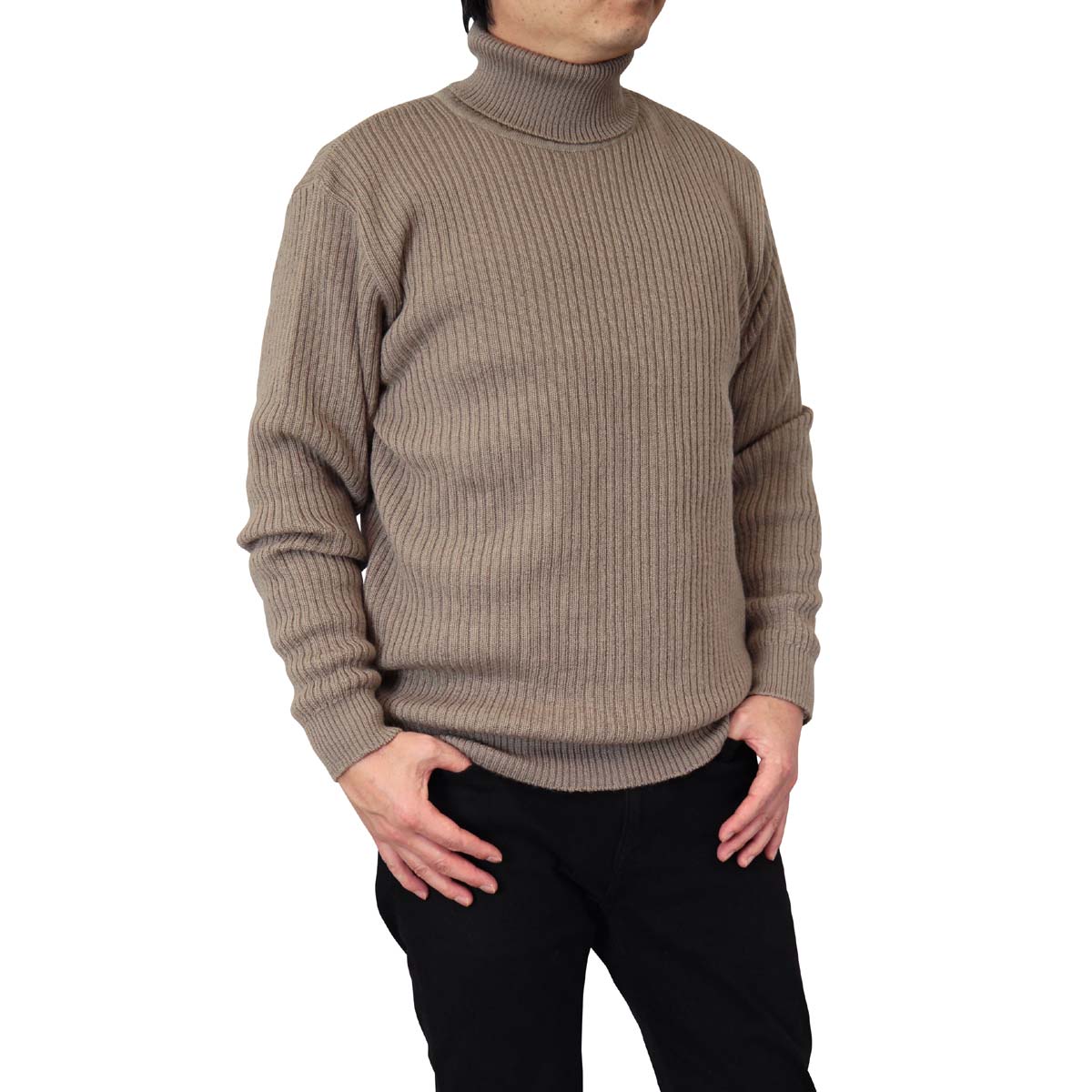 セーター タートル/ハイネック リブ ウール100% 日本製 10ゲージ 紳士