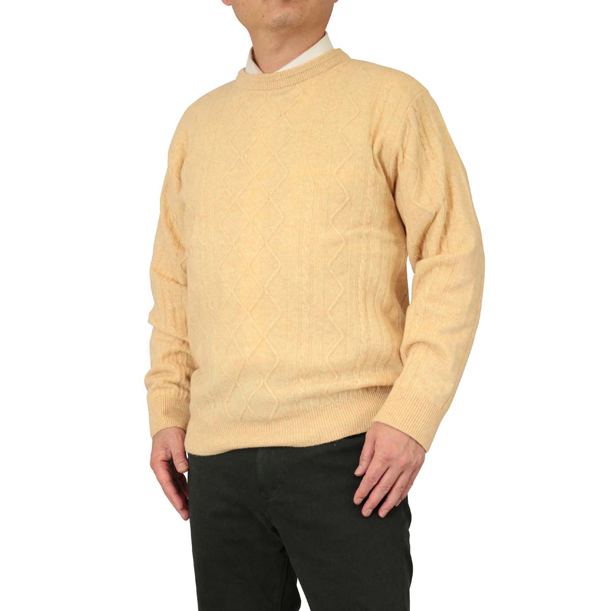 セーター 丸首(クルー) カシミヤ5% ナイロン25% 毛70% アラン柄 日本製 紳士/メンズ 【送料無料】(7108)｜bm-knit｜02
