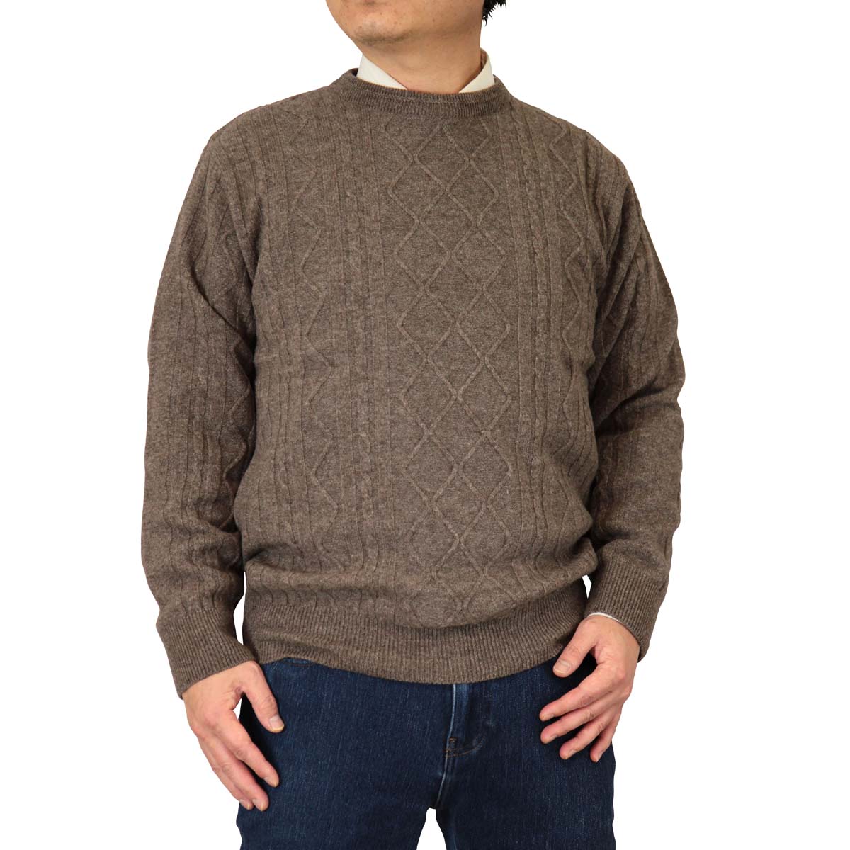 セーター 丸首(クルー) カシミヤ5% ナイロン25% 毛70% アラン柄 日本製 紳士/メンズ 【送料無料】(7108)｜bm-knit｜03