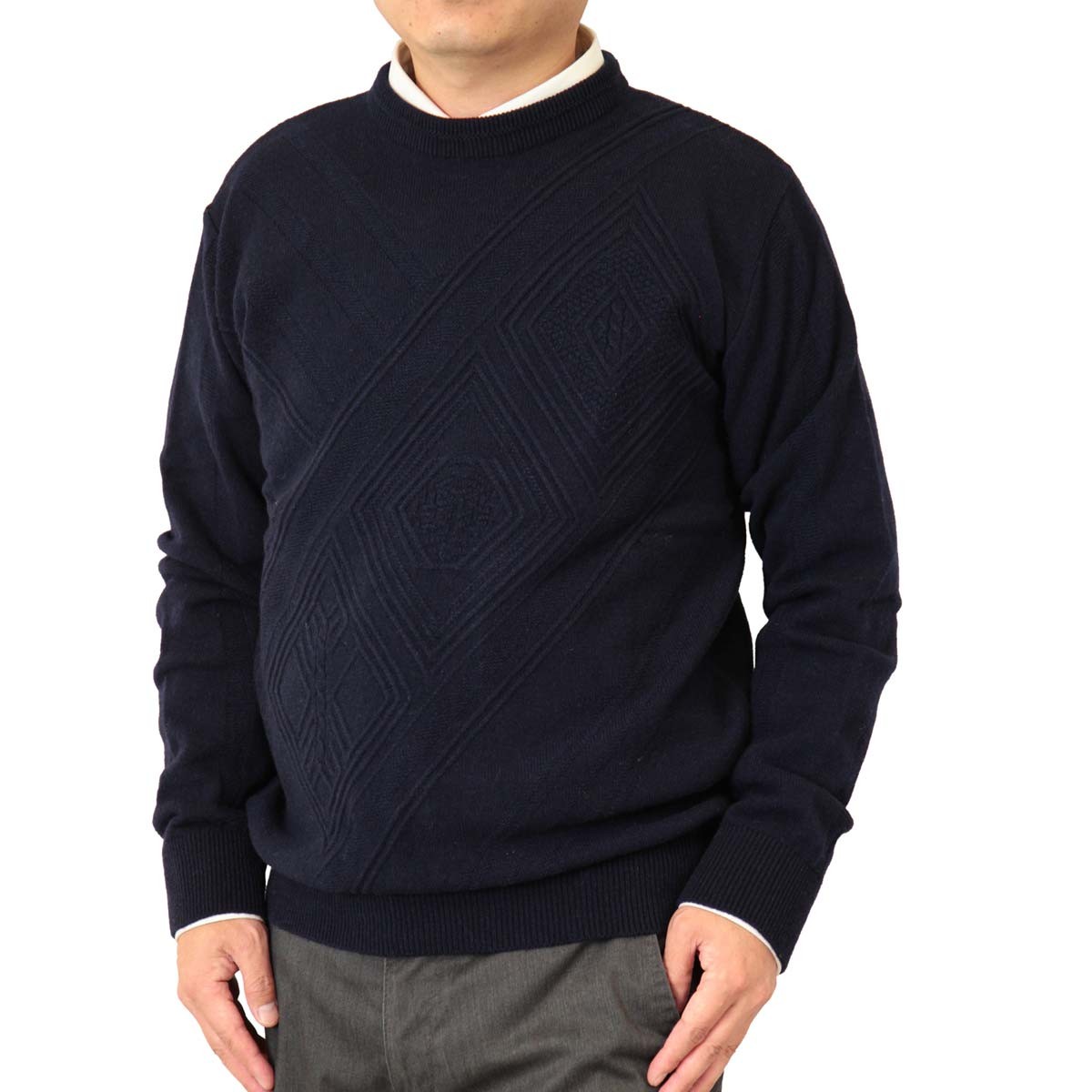 セーター 丸首(クルー) 地柄 カシミヤ5%ナイロン25%毛70% 日本製 10ゲージ 紳士/メンズ 送料無料 (1953)｜bm-knit｜03