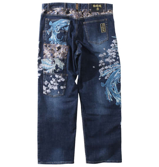 絡繰魂 大きいサイズ メンズ 藍鳳凰刺繍五連ポケット デニム パンツ