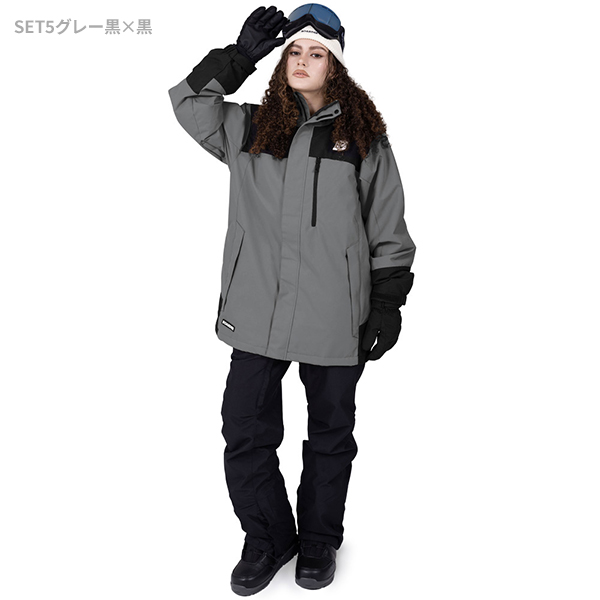 スキーウェア フード付き グレーと黒 BOARDEE スノボウェア レディース 上下セット スノーボードウェア