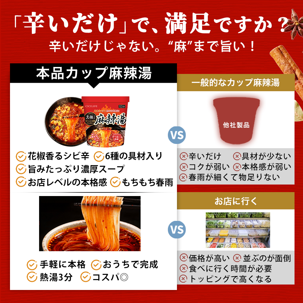 送料無料 即席春雨 麻辣湯 48個セット 元祖四川風 カップ麺 カップラーメンセット マーラー マーラータン CICILIFE 麻辣湯麺 ダイエット麺 痺辛 シビ辛 旨辛 |  | 08
