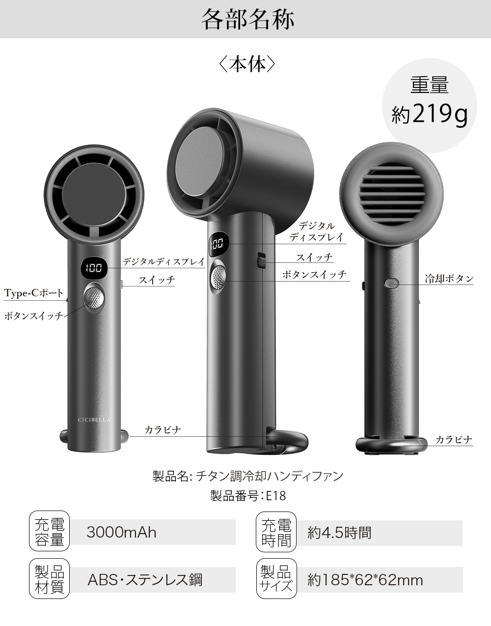 チタン調ハンディファン  冷やす 冷却プレート 高速冷却  100段階 大風量 小型 静音 卓上扇風機 3000mAh 大容量 Type-C対応 長時間稼働 旅行 通勤 通学 子供 | CICIBELLA | 18