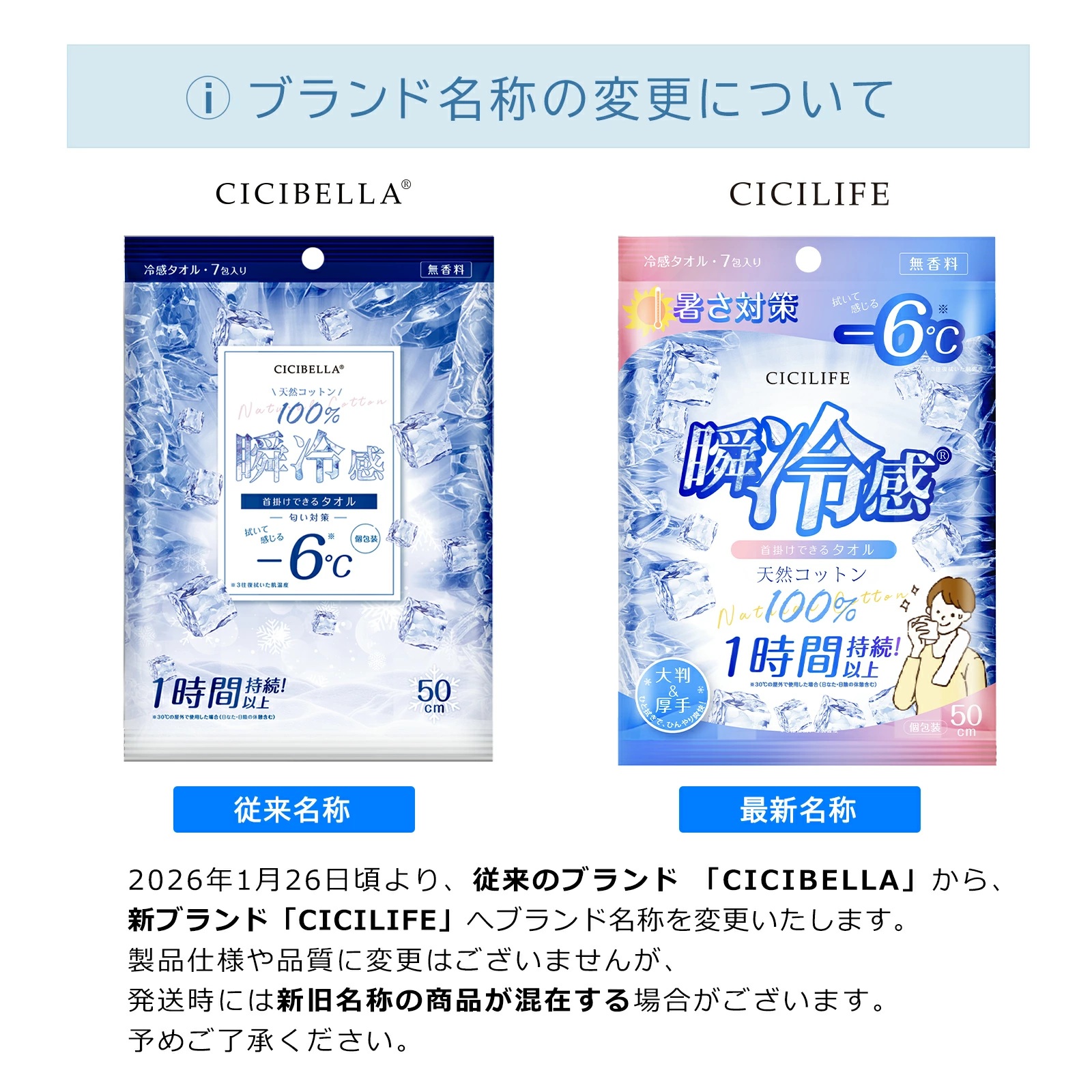 CICIBELLA 冷感タオル 冷タオル 冷却シート 1個 x 7包入り コットン