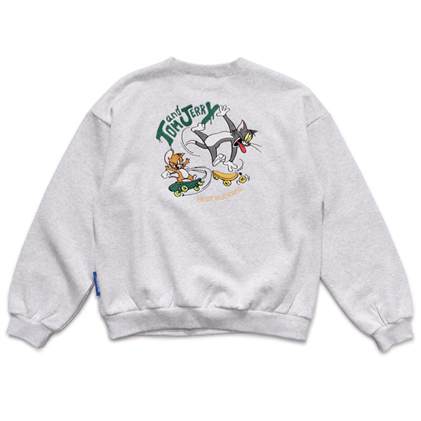 シークエンズ【SEQUENZ】TJ SKATE BOARD C/N SWEAT トムとジェリー スウェット クルーネック トレーナー 刺繍 裏起毛 バックデザイン キャラクター ユニセックス | SEQUENZE | 02