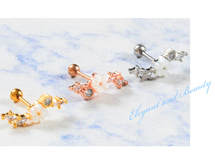 Body-Style 両耳セットピアス 0.8mm かわいい 花 ジュエル 沿う
