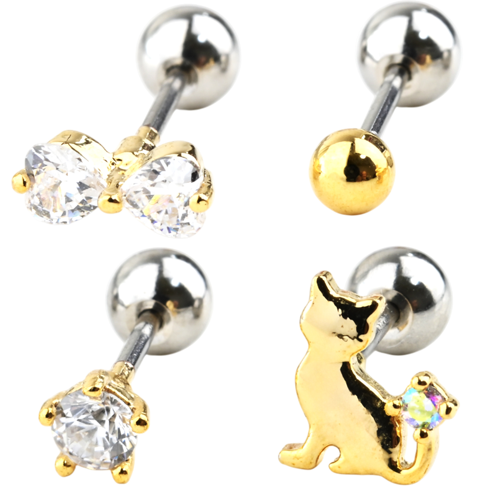 Body-Style ピアスセット つけっぱなし 4点セット 猫 ハート リボン 花