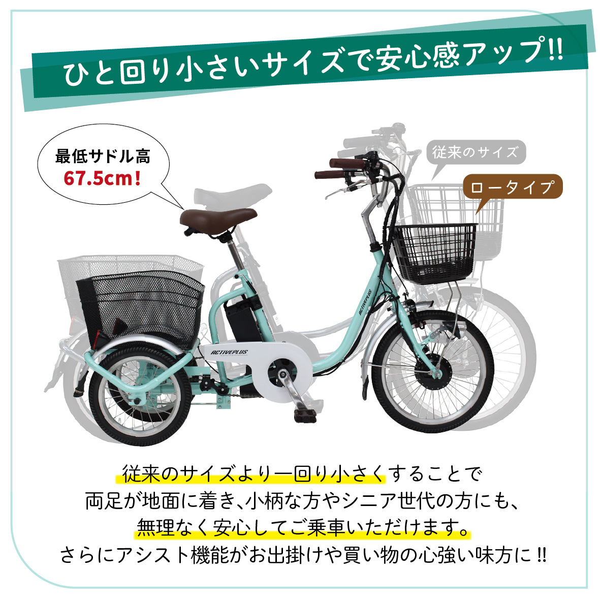 アクティブプラス ノーパンク ロータイプ電動アシスト三輪自転車 18