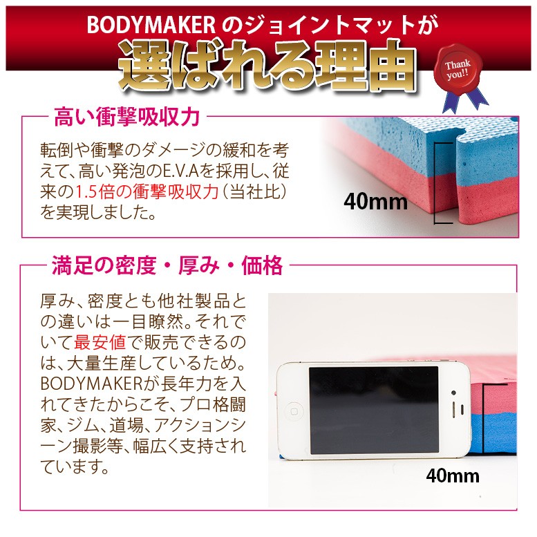 リバーシブルジョイントマット 4cm BODYMAKER ボディメーカー フロアマット 空手 道場 ジム マット トレーニングマット 格闘技 大判  厚手 【90日保証】