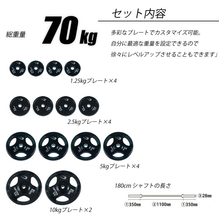 【90日保証】BODYMAKER(ボディメーカー)ラバーバーベルセット 70kgセット シャフト180cm ダンベル バーベル ベンチプレス 筋トレ トレーニング器具 35kg｜bodymaker｜04