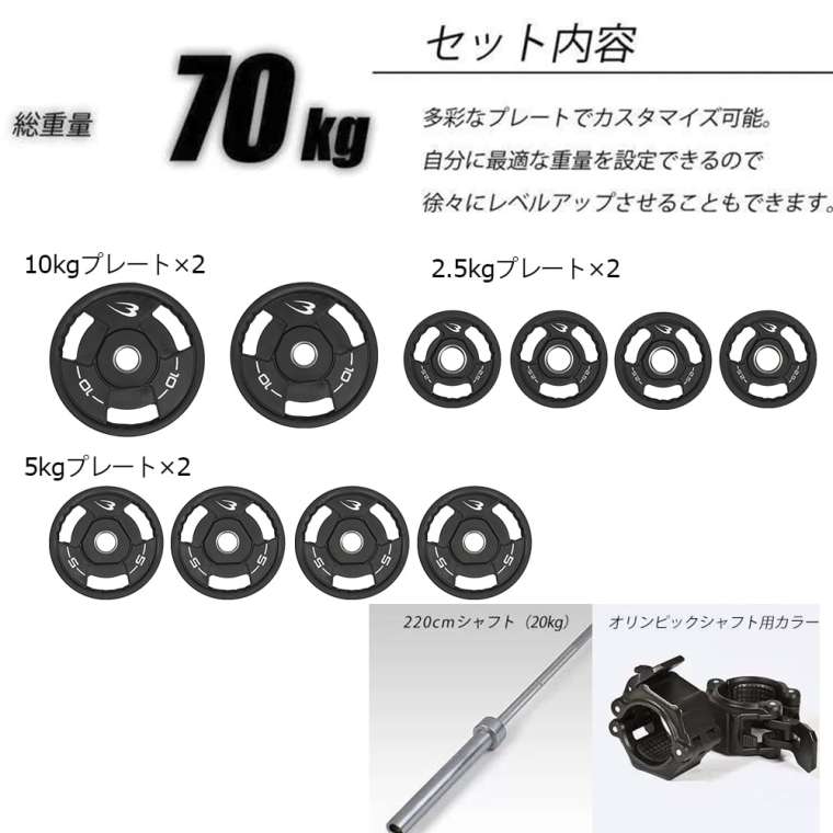 オリンピックTPUバーベル70kgセット BODYMAKER ボディメーカー PR012 70kg オリンピックTPUプレート 70kgセット オリンピック プレート トレーニング | BODYMAKER