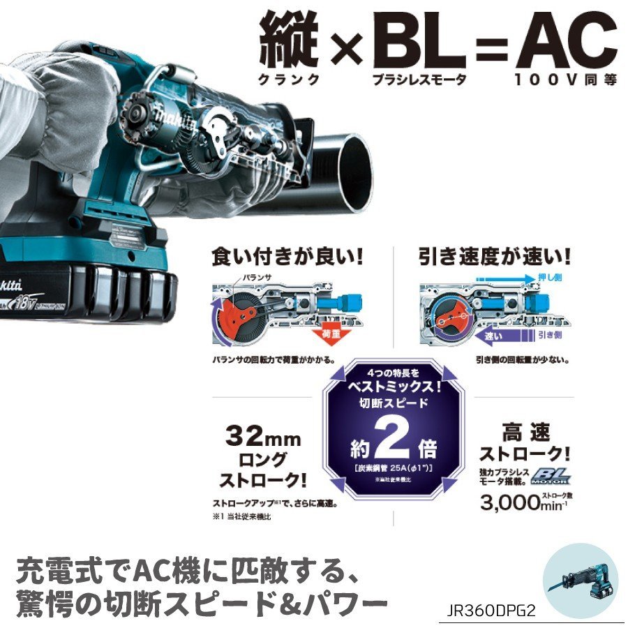 マキタ makita 36V 充電式レシプロソー JR360DPG2 ブレーキ機能 無段