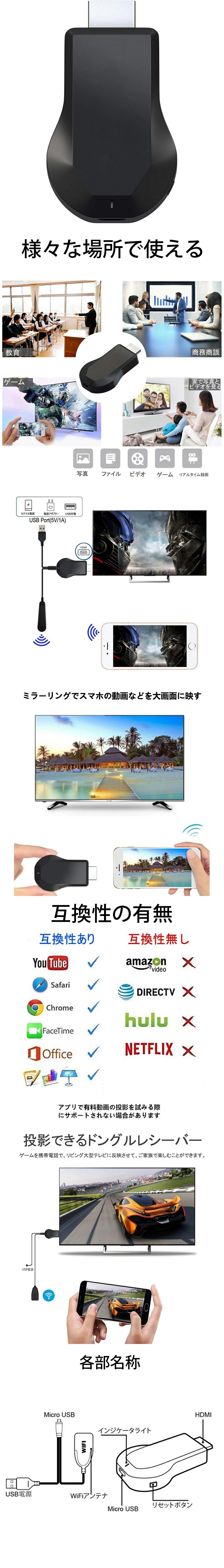 HDMI ミラーキャスト 1080PHD ドングル Wifi ミラーリング レシーバ Miracast ワイヤレス ドングル プロトコルと互換性があり 