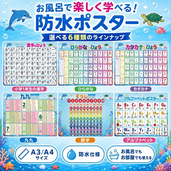 6種セット (九九 数字 アルファベット 漢字 カタカナ ひらがな) A3