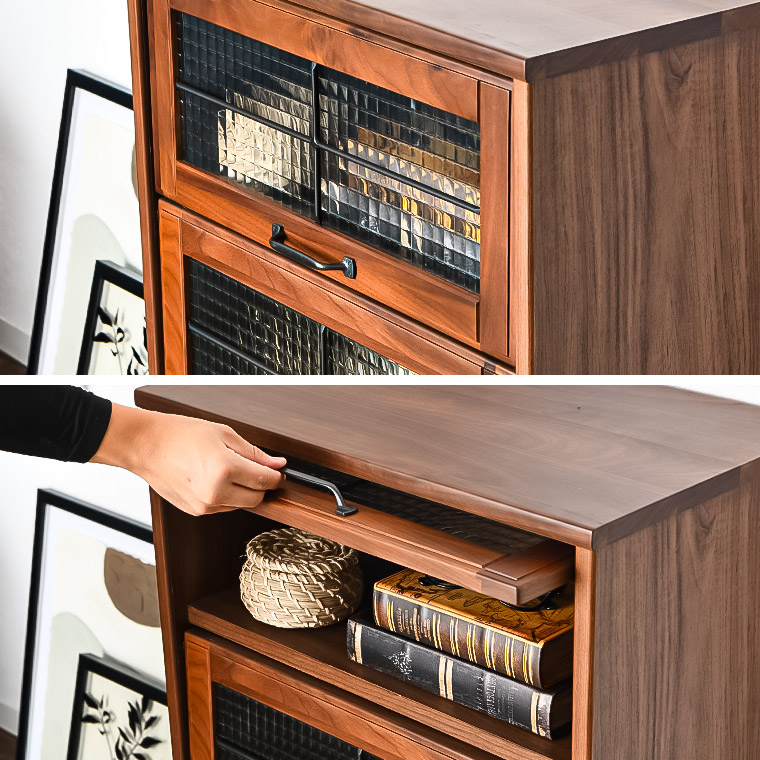 キャビネット サイドボード ラック 5段 1列 フラップ クロスガラス