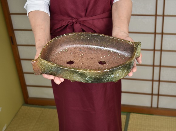 落ち葉　水盤 12号 青窯変葉型コンポート　穴有り 幅35.5cm×高9.5cm×奥行き19cm