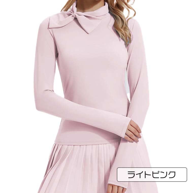 レディース ゴルフウェア 長袖 Tシャツ ハイネック リボン 結び 速乾