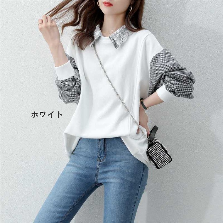 シャツ レディース カットソー 長袖 襟付き 花柄 レース