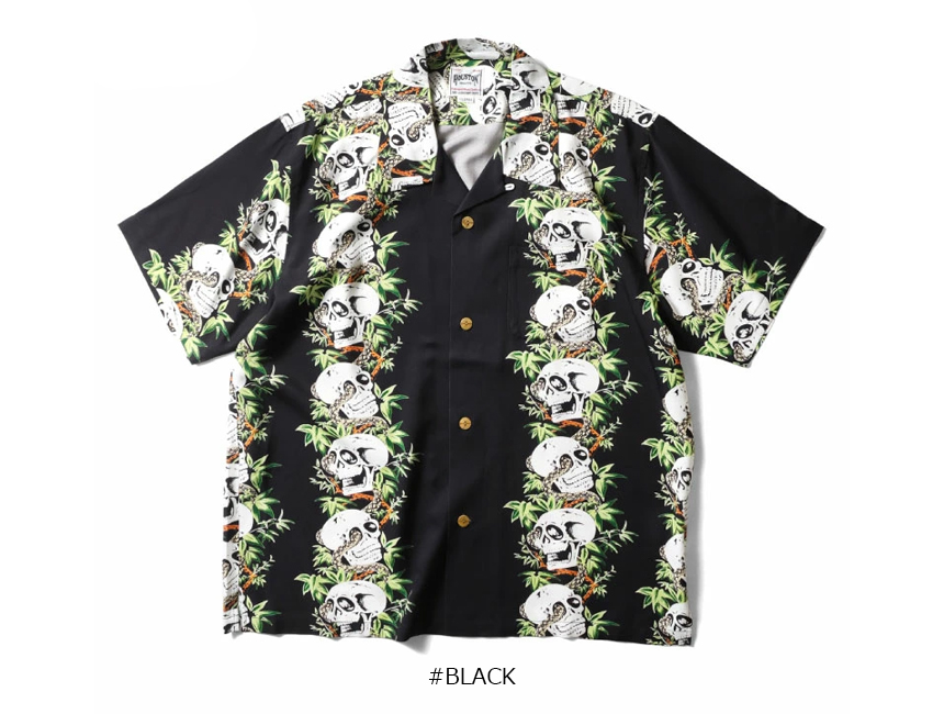 HOUSTON アロハシャツ 髑髏 スカル ギター ハイビスカス レーヨン BK HOUSTON アロハシャツ 髑髏 スカル ギター ハイビスカス