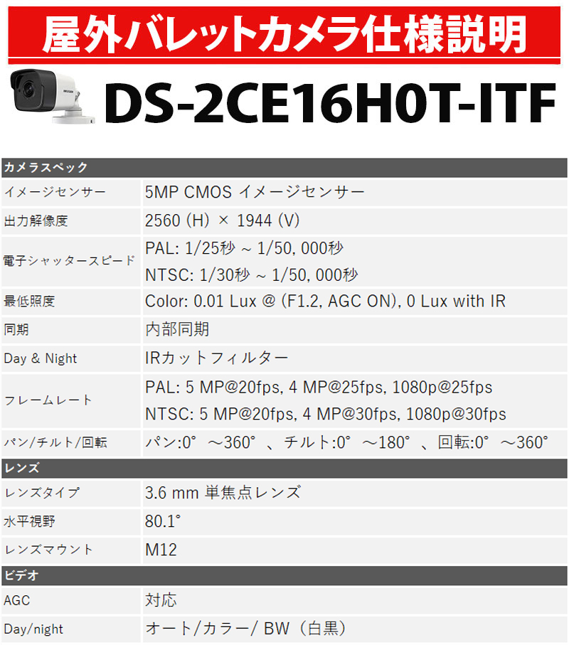 500万画素 HIKVISION 防犯カメラ アナログ 屋外屋内 スマホ監視 DS-2CE16H0T-ITF バレット型 レンズサイズ3.6mm 送料無料 あすつく｜bouhan-direct｜06