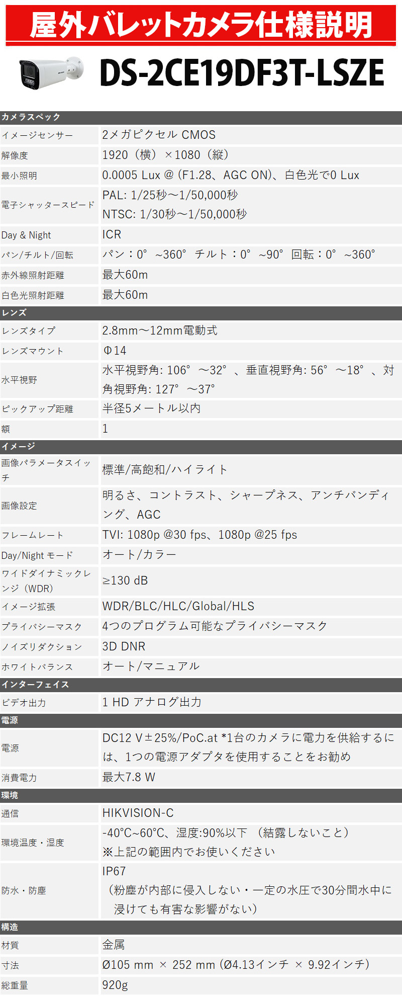 防犯カメラ 243万画素 HIKVISION(ハイクビジョン) バリフォーカル アナログ 屋外屋内 カメラ電源不要 PoC DS-2CE19DF3T-LSZE バレット レンズサイズ2.8mm〜12mm | HIKVISION | 02