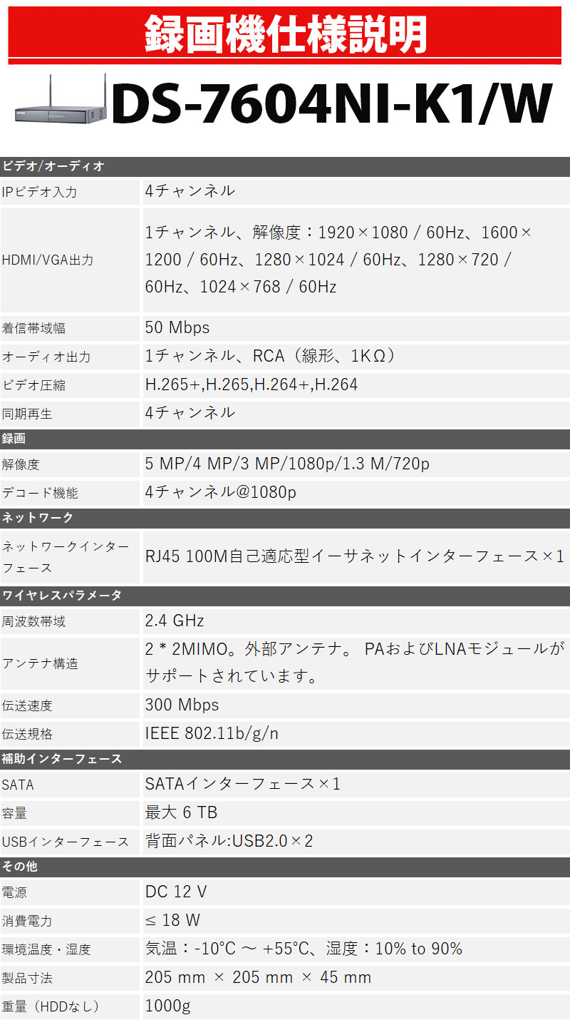 500万画素対応 防犯カメラ用録画機 DS-7604NI-K1/W HIKVISION｜ WIFI