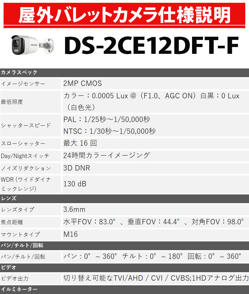 ColorVuバレット型 DS-2CE12DFT-F(3.6mm) HIKVISION｜屋外 家庭用 TVI
