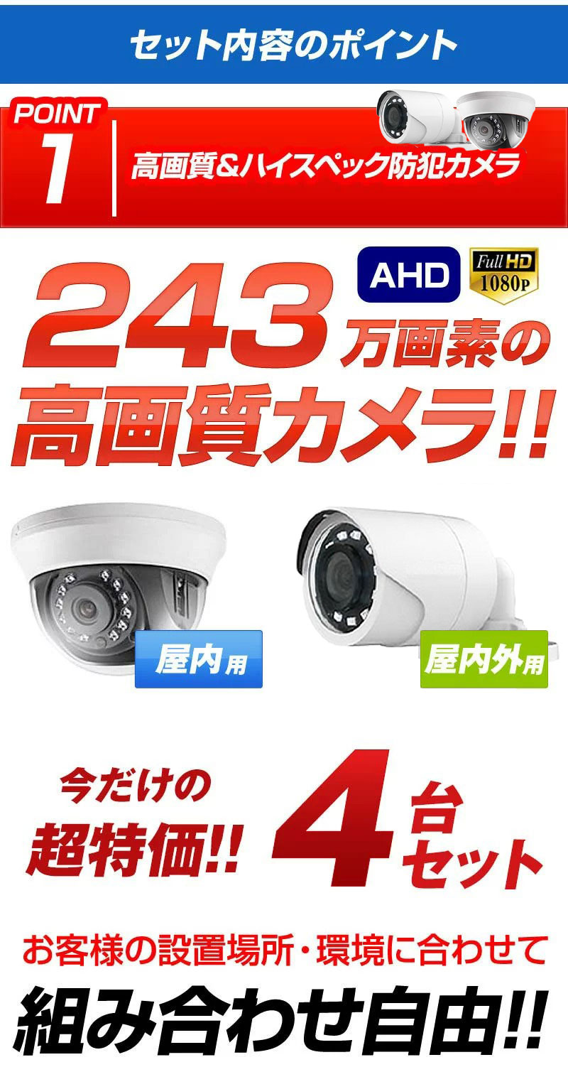 243万画素 防犯カメラ4台セット アナログ 屋内屋外カメラ レコーダーHDD1TB込 4chDVR HIKVISION製 スマホ監視 SELECT-SET-AHD｜bouhan-direct｜04