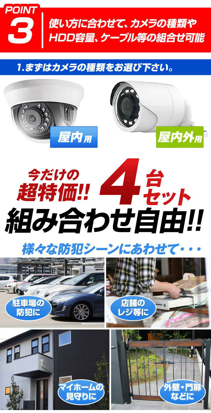 243万画素 防犯カメラ4台セット アナログ 屋内屋外カメラ レコーダーHDD1TB込 4chDVR HIKVISION製 スマホ監視 SELECT-SET-AHD｜bouhan-direct｜09