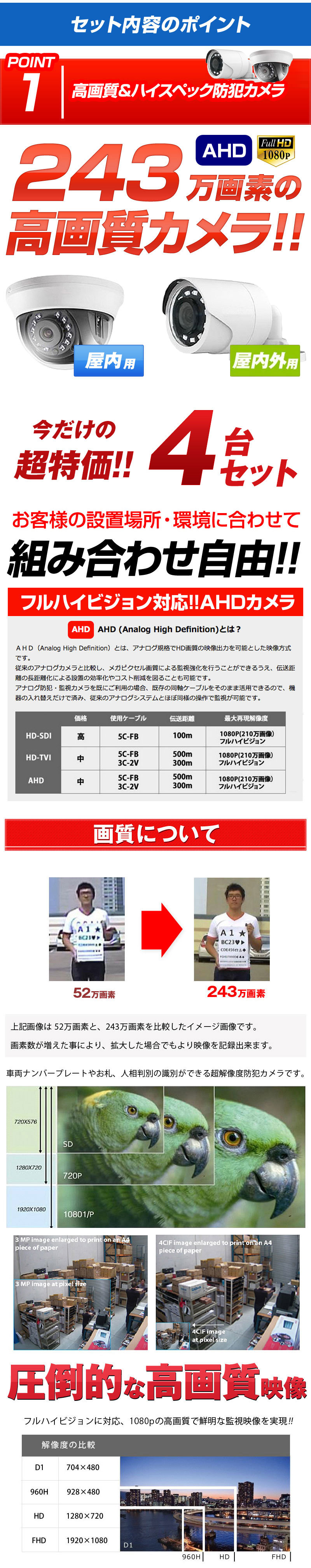 防犯カメラセット　HIKVISION　２４３万画素　高画質　AHD
