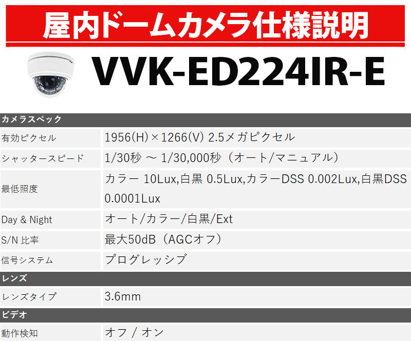 室内用監視カメラ 仕様説明 VVK-ED224IR-E