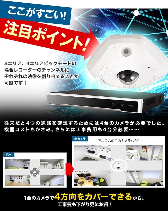 防犯カメラ IP 屋外 PoE ドーム型 4K 800万画素 魚眼 360度