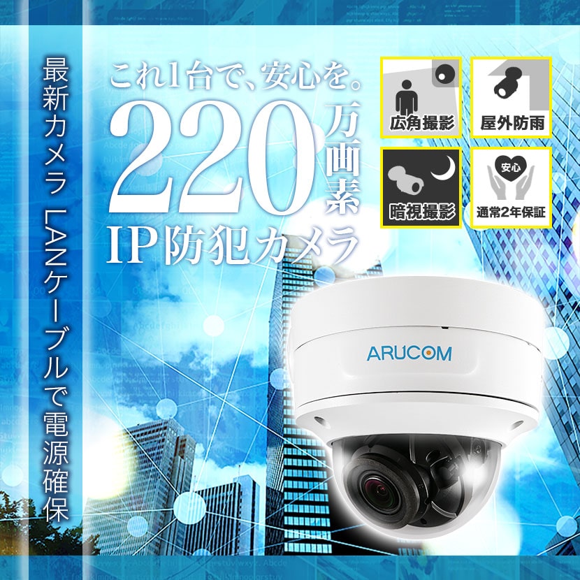 防犯カメラ IP 屋外 PoE 防滴 ネットワーク ドーム型 監視 約220万画素