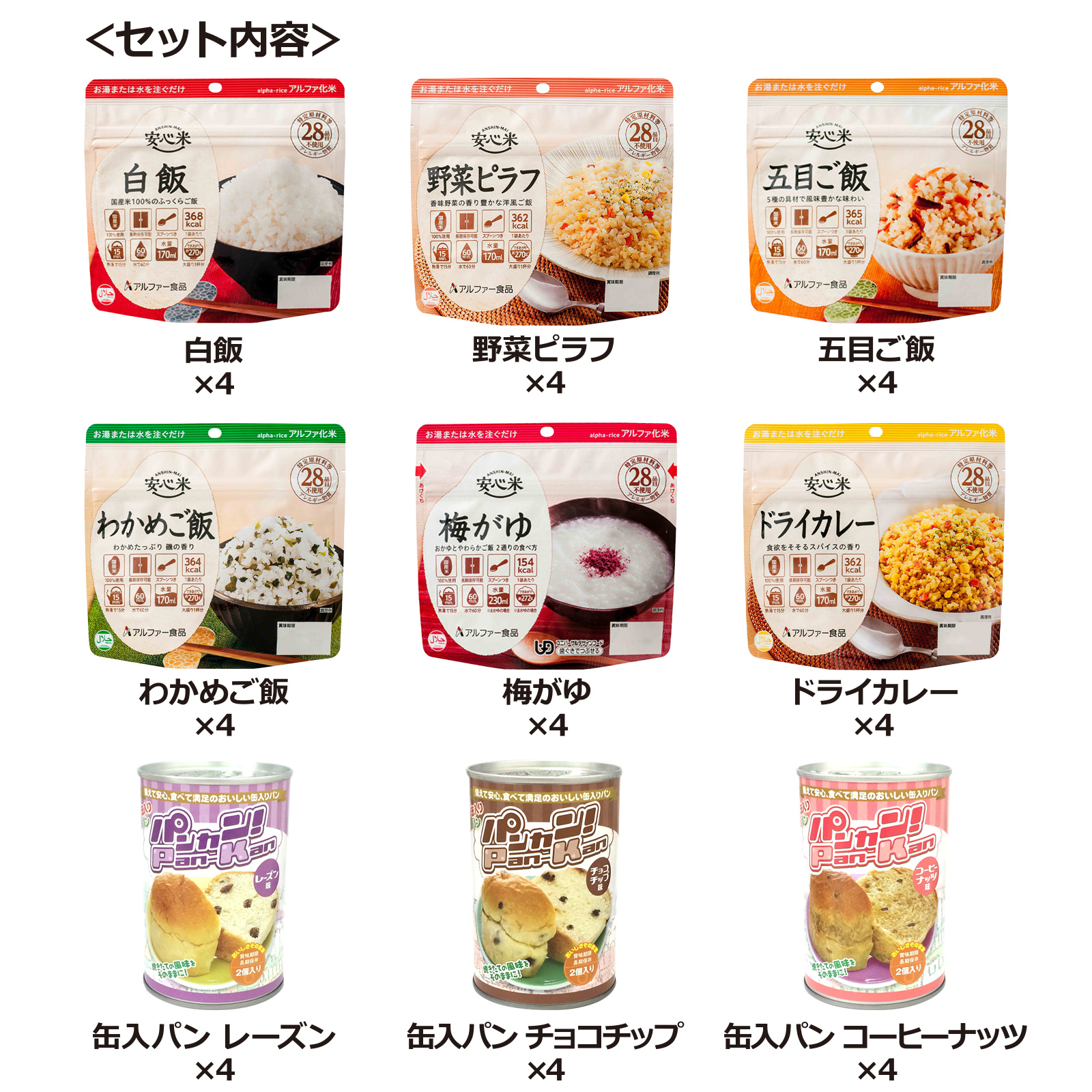 非常用食品 アルファ米 ベーカリー など合計43点セット 安心米9食セット | アルファー食品オンラインショップ