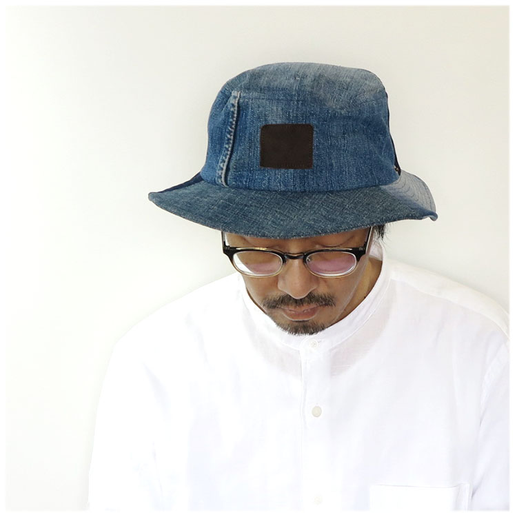 リメイク デニム バケット ハット レザーワッペン メンズ