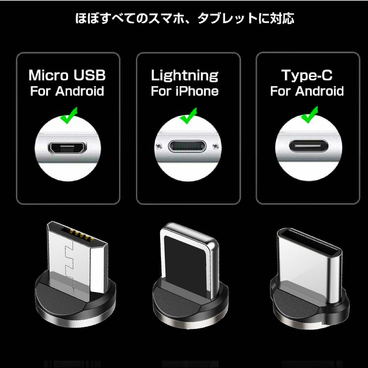 充電ケーブル マグネット式 3WAYケーブル L字型 iPhone 15 pro Micro USB 高速充電 LEDライト付き 磁石 防塵 着脱式 360度回転 ナイロン｜boworld｜10