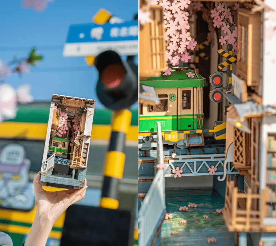 ブックヌック キット ROBOTIME DIY LED付き 桜の電車 3Dウッドパズル
