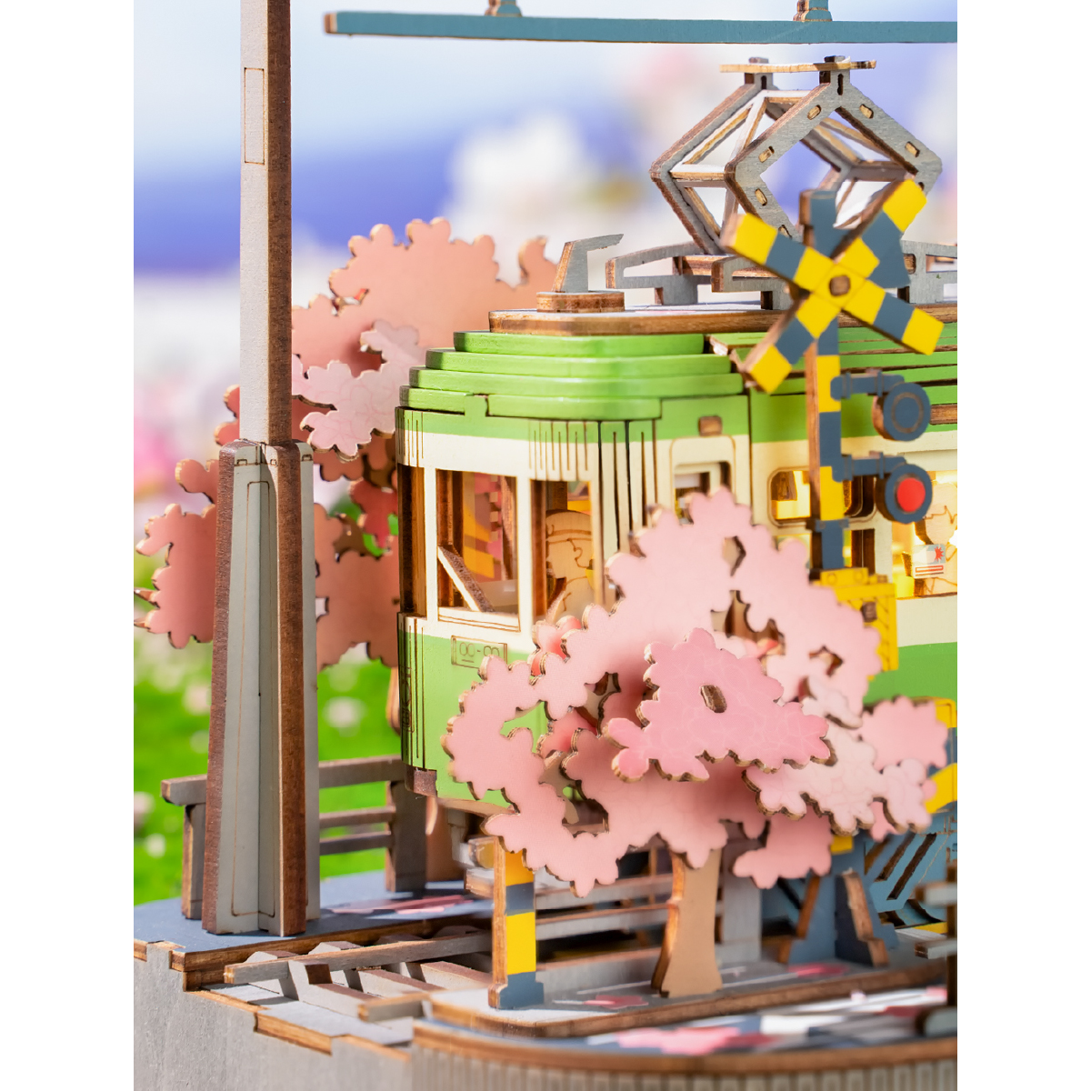 ROBOTIME 立体パズル 木製 3D ウッドパズル 桜の電車 LEDライト付き