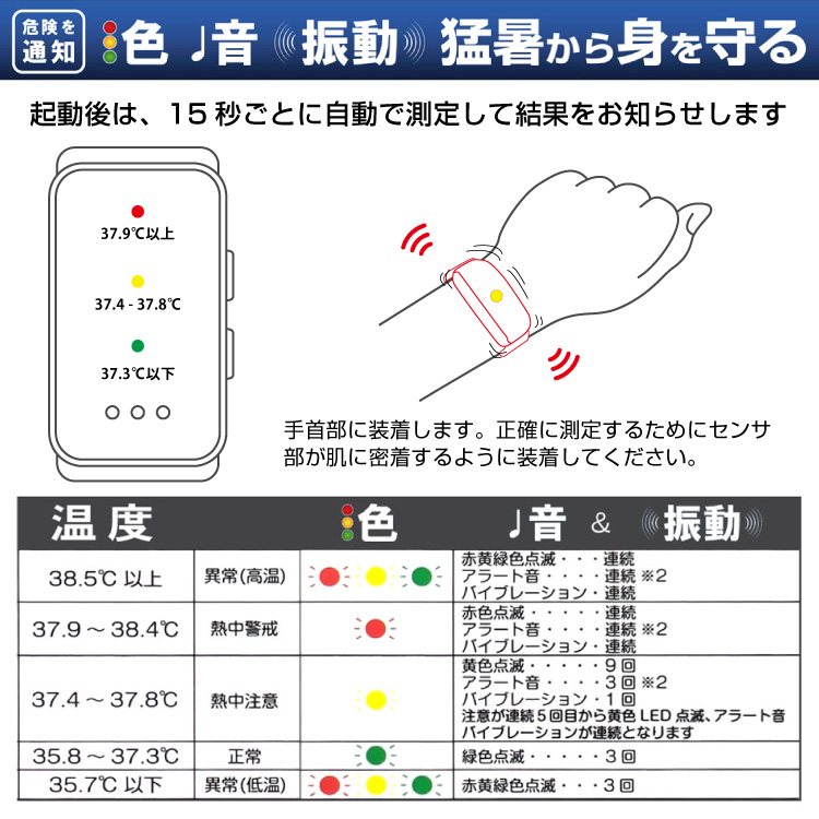 熱中対策ウオッチ アラートバンド 充電式 熱中警戒 腕時計型 色と音と