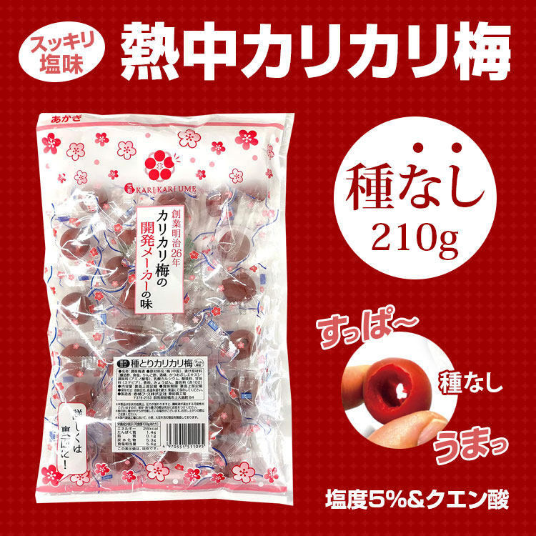 熱中症対策 種とりカリカリ梅 (種なし) 210g 2026年製 赤城フーズ