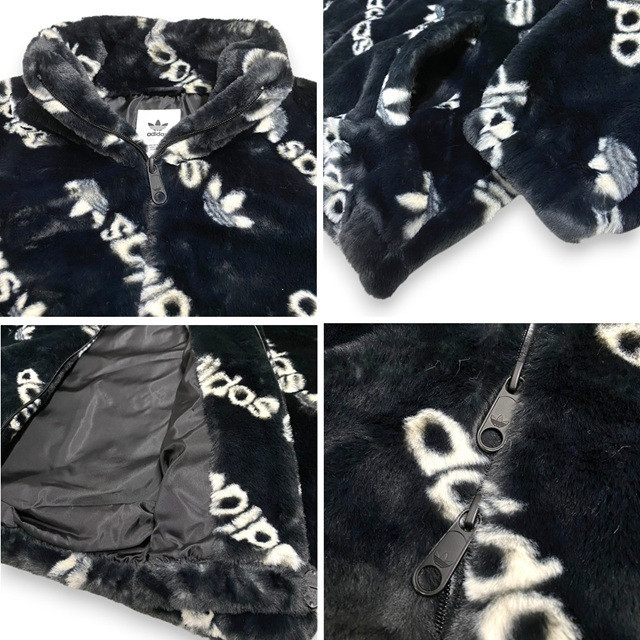 新品 adidasレディース XL 総柄プリントファージャケットパープル ロゴ レディース トーナル総柄プリント ファージャケット トレースグレー