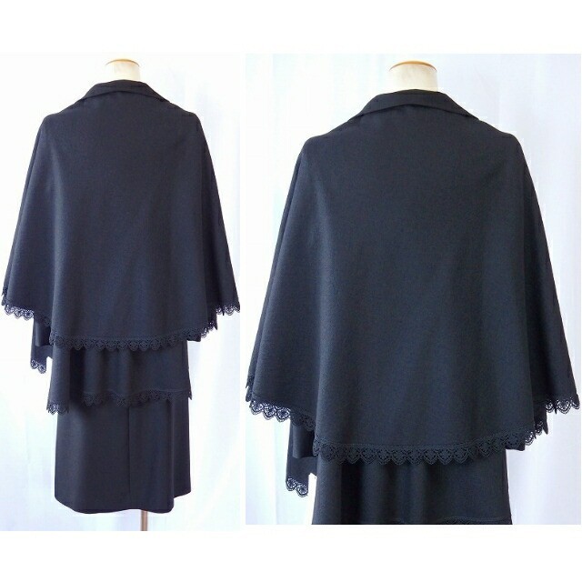 ブラックフォーマル 冬物 ケープ 日本製 ウール100% 羽織型 レース 長