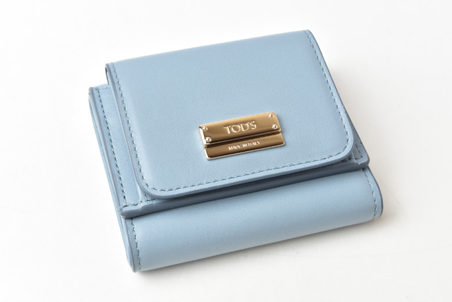 TOD'S（トッズ） ミニ財布/三つ折り 折財布 レザー メタルバー ブルー