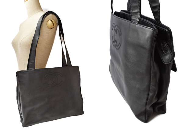 極 美品 シャネル ココマーク 総柄 ラムスキン トートバッグ ハンドバッグ 黒 キャビアスキン シャネル ショルダーバッグ/トートバッグ A4 CHANEL