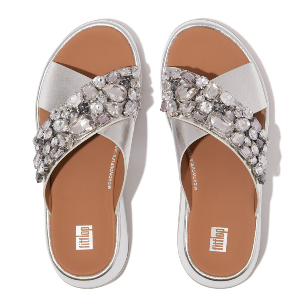 fitflop フィットフロップ レディース コンフォートサンダル スライドサンダル HK8 F-MODE JEWEL-DELUXE LEATHER  FLATFORM CROSS SLIDES 体圧分散 衝撃吸収