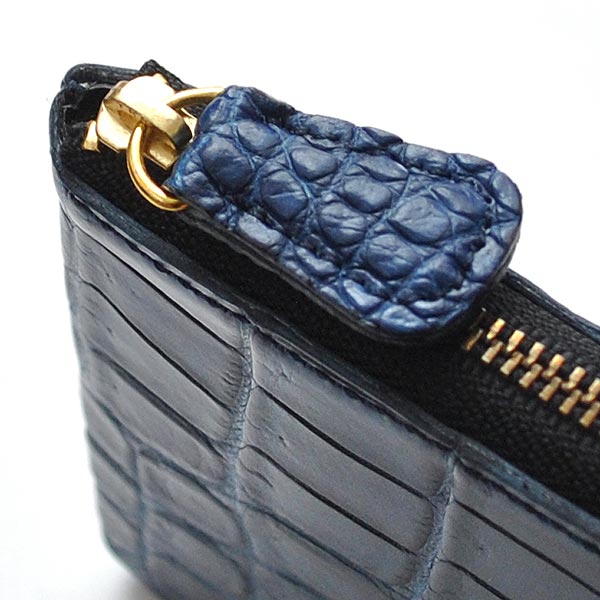 クロコダイル(ワニ革) L字財布 ブルー 財布 短財布 L字ファスナー 藍染 インディゴブルー CROCODILE