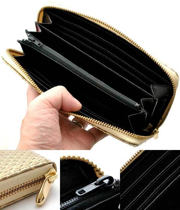 長財布 ラウンドファスナー 薄金蛇革 錦蛇 ライトゴールド 黄金