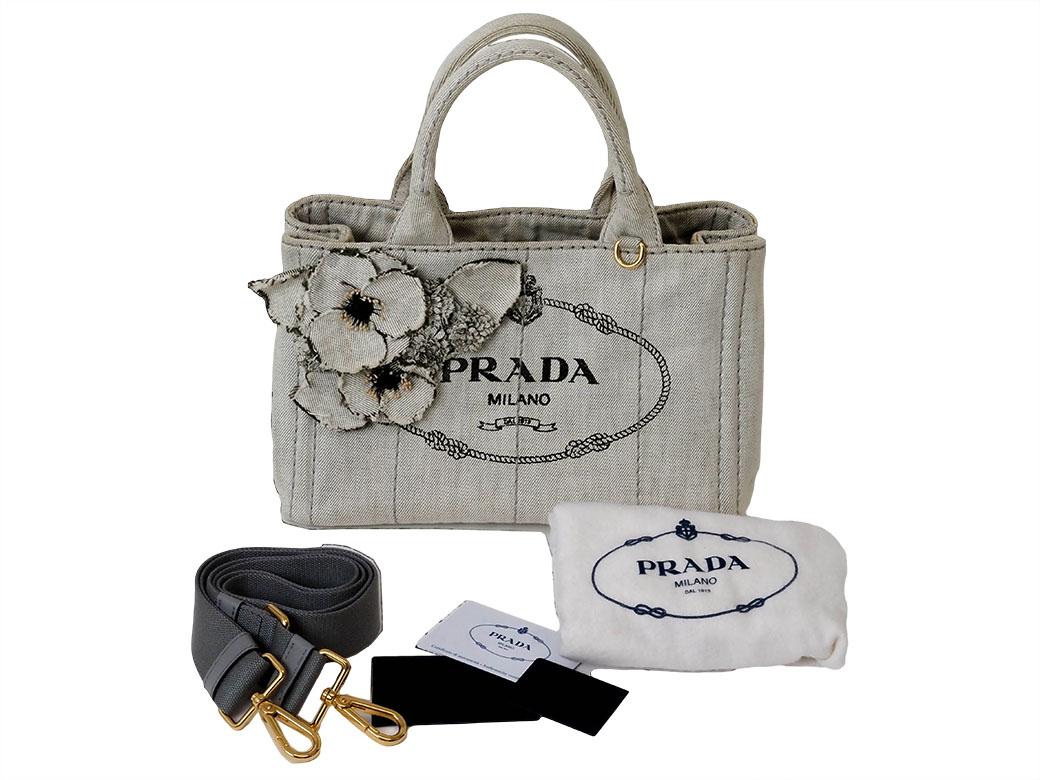 プラダ カナパ 2WAYハンドバッグ デニム フラワー トートバッグ 1BG439 ライトグレー レディース PRADA 中古