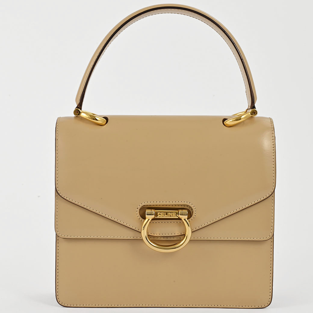 CELINE セリーヌ スモール リングバッグ ハンドバッグ レザー ベージュ系 CELINE（セリーヌ） バッグ 中古 オールドセリーヌ Wフラップ ロゴ